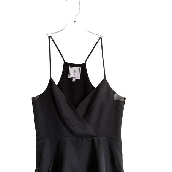 Cosette Women's Black Silk Romper Size 2 Spaghetti Strap Peplum Overlay - Picture 13 of 14